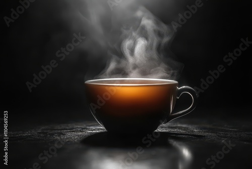 A steaming cup of coffee against a dark background creates an inviting and cozy atmosphere, perfect for use in marketing materials related to cafes, food blogs, or lifestyle content, photo