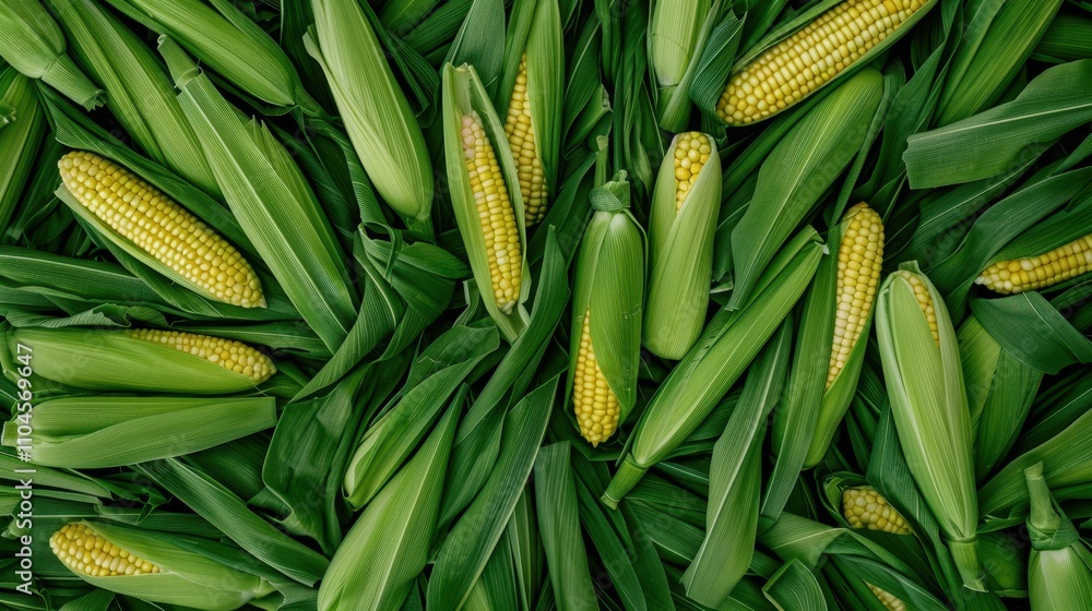 Fresh ears of corn nestled in vibrant green husks create a visually appealing arrangement, ideal for food-related projects, organic farming promotions, or culinary blogs Fresh ears of corn nestled in vibrant green husks create a visually appealing arrangement, ideal for food-related projects, organic farming promotions, or culinary blogs
