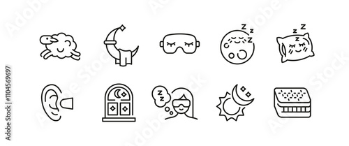 Sleep icons. Set of 10 sleep trendy minimal icons. Sleepy pillow face, bed, sleep, sleeping pills. Design signs for web page, mobile app, packaging design. Vector illustration. 