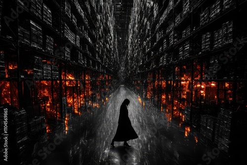 A mysterious figure walks through a dimly lit warehouse lined with shelves, illuminated by glowing orange light, creating a dramatic contrast, This image can be used for themes of exploration photo