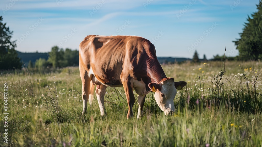 A brown and white dairy cow is happily grazing in a green grassy field