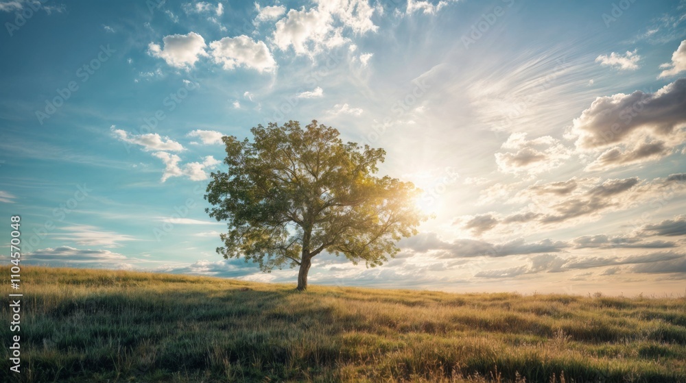 A single tree standing in an open meadow, illuminated by warm sunlight and surrounded by a vivid blue sky with clouds. . A single tree standing in an open meadow, illuminated by warm sunlight and surrounded by a vivid blue sky with clouds. .