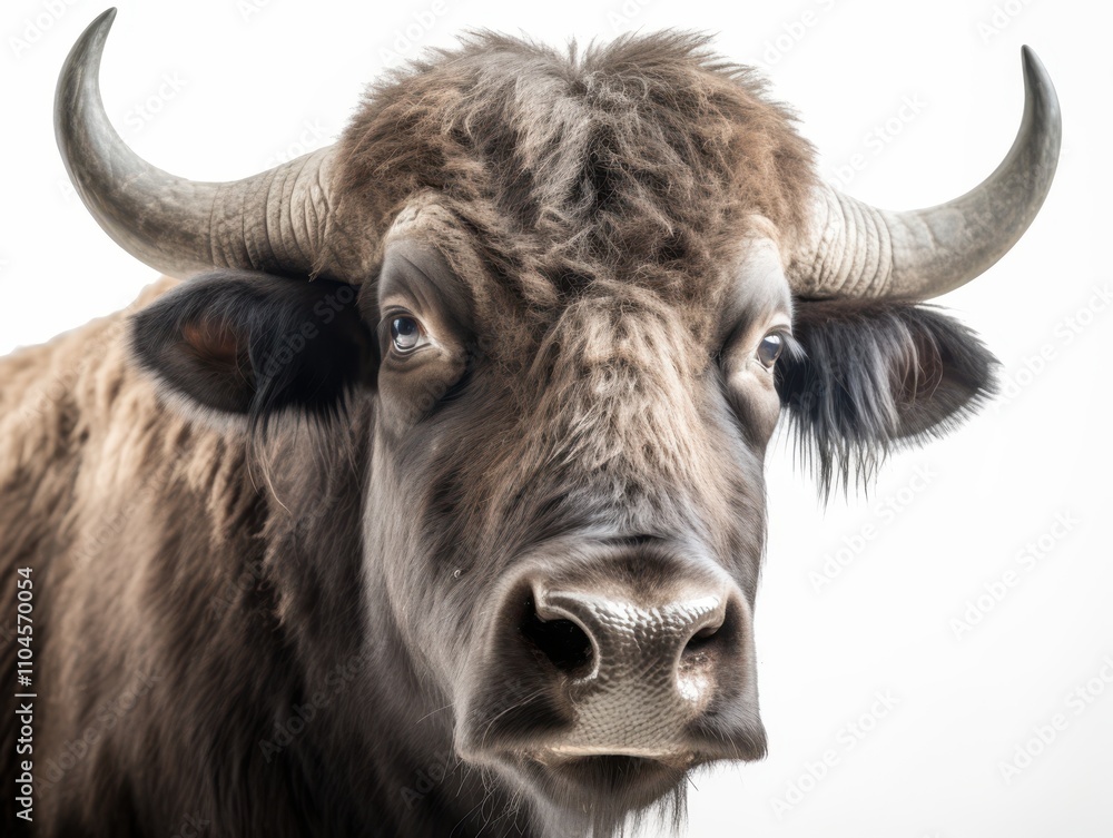 A close-up shot of a majestic bull with prominent horns and expressive eyes against a white background, Ideal for agriculture, livestock, farm life, or animal welfare themes, A close-up shot of a majestic bull with prominent horns and expressive eyes against a white background, Ideal for agriculture, livestock, farm life, or animal welfare themes,