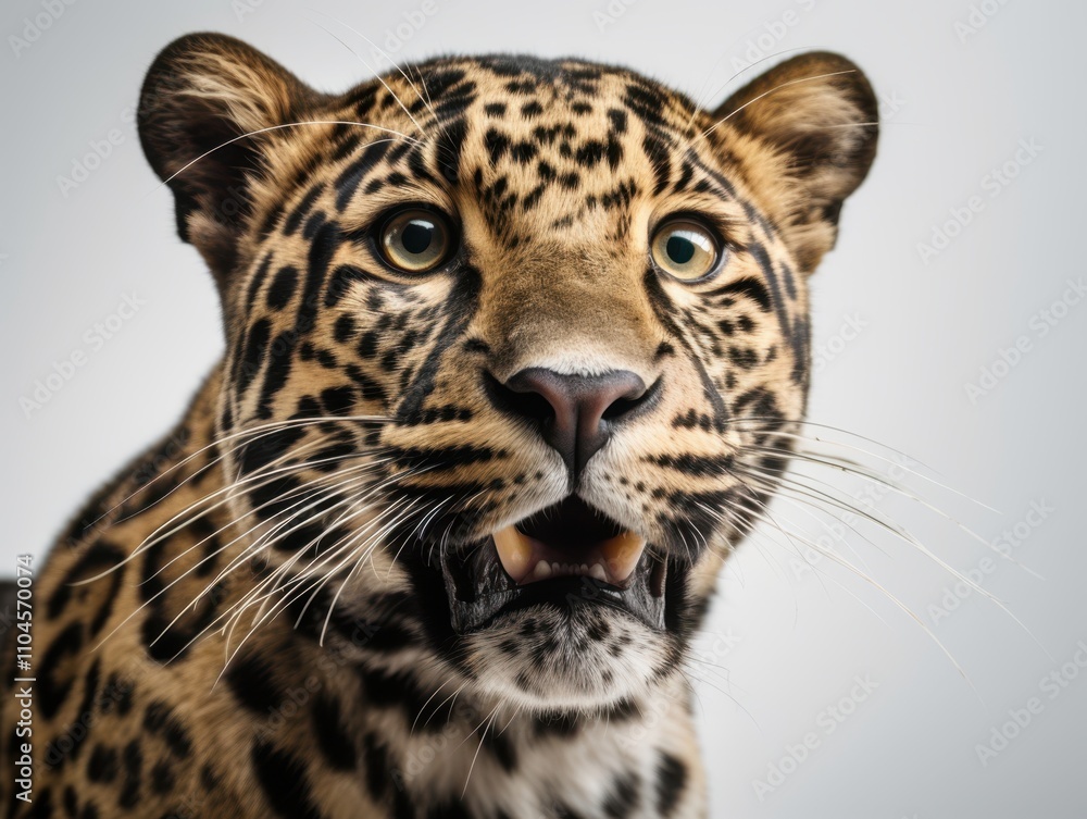 Naklejka premium A close-up shot of a leopard showcasing its striking fur patterns and expressive eyes, This image is perfect for wildlife-related articles, educational materials, and nature-themed projects,