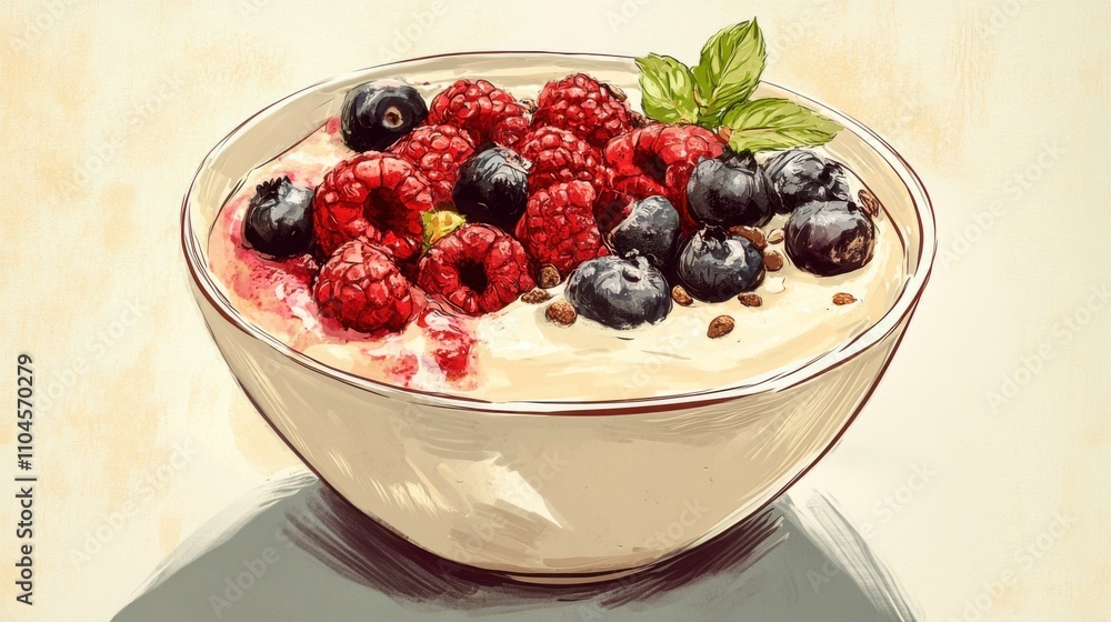 Fresh and Delicious Bowl of Yogurt Topped with Ripe Berries Including Blueberries, Raspberries, and a Touch of Mint for a Healthy Breakfast Delight Fresh and Delicious Bowl of Yogurt Topped with Ripe Berries Including Blueberries, Raspberries, and a Touch of Mint for a Healthy Breakfast Delight
