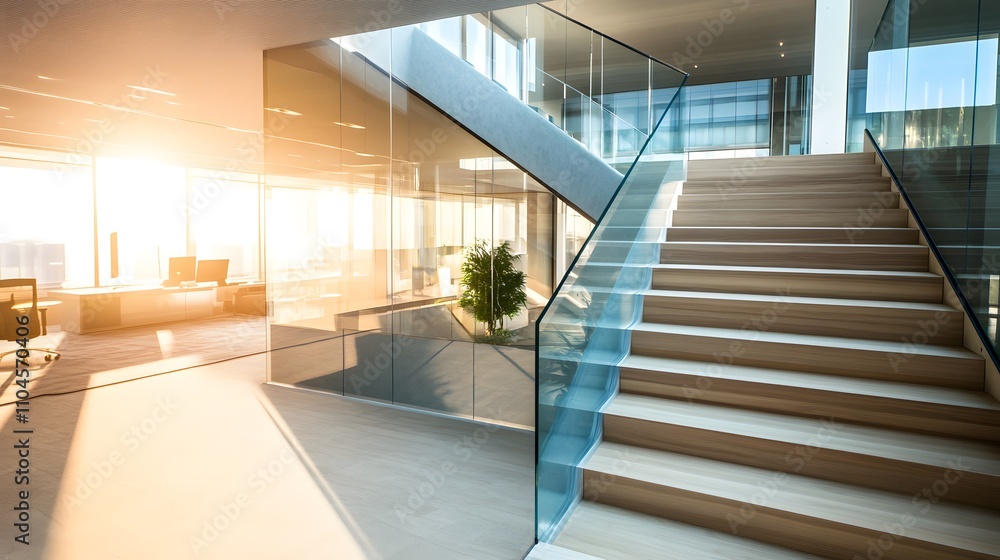Obraz premium Modern office interior with stairs, large windows, and natural light.