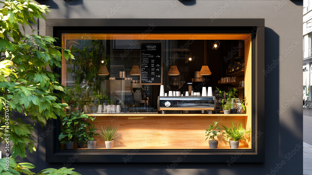 Foamboard is prominently placed behind the window of cafe, showcasing a sleek coffee machine and decorative plants. The warm interior is inviting and stylish Foamboard is prominently placed behind the window of cafe, showcasing a sleek coffee machine and decorative plants. The warm interior is inviting and stylish