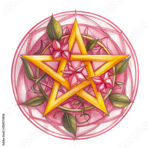 Whimsical pentacle yellow and pink with pink flowers 