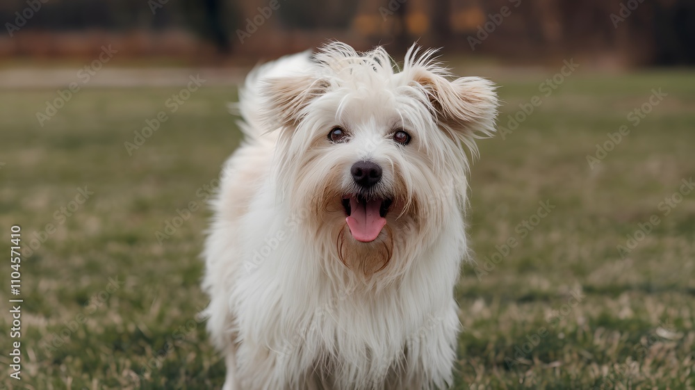 A small white dog stands in the grass with its tongue out A small white dog stands in the grass with its tongue out
