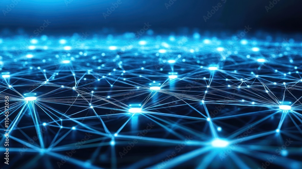A digital network visualization with glowing nodes and connections. A digital network visualization with glowing nodes and connections.