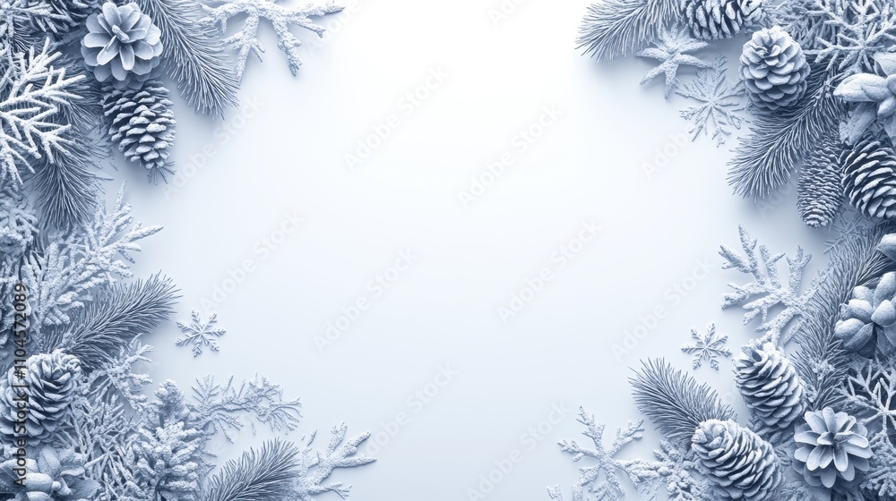 Frosted Winter Wonderland Frame with Pine Cones, Foliage, Snowflakes, and a Soft Blue Background Ideal for Holiday and Seasonal Themes Frosted Winter Wonderland Frame with Pine Cones, Foliage, Snowflakes, and a Soft Blue Background Ideal for Holiday and Seasonal Themes