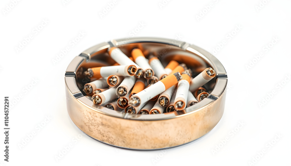 Closeup of metallic ashtray full of cigarettes habits on white background isolated with white highlights, png Closeup of metallic ashtray full of cigarettes habits on white background isolated with white highlights, png