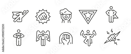 Superhero icons. Set of 10 superhero trendy minimal icons. Example: Bomb, Flying, Fist, Mask, Cape icon. Design signs for web page, mobile app, packaging design. Vector illustration