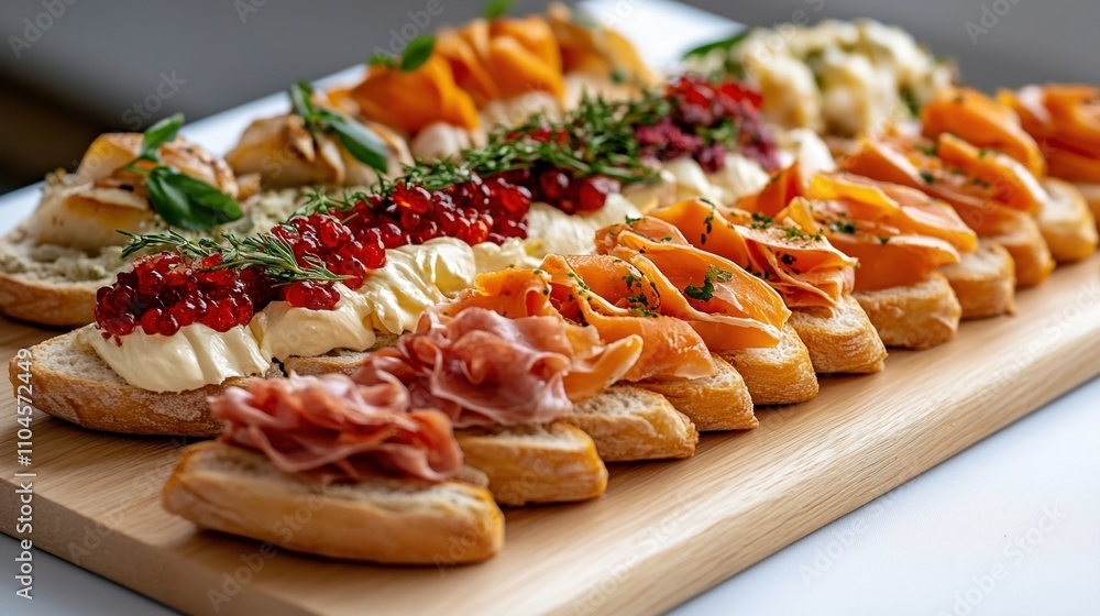 Caterer sets up a diverse selection of appetizers on a wooden serving table for an elegant event Caterer sets up a diverse selection of appetizers on a wooden serving table for an elegant event