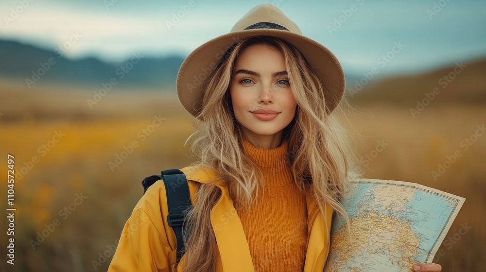 Girl traveler exploring nature with a map in her hand, enjoying the beautiful landscape on a bright day