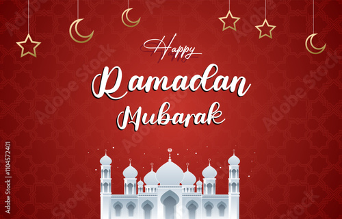 happy ramadan mubarak 2025 template banner with beautiful islamic ornament with red background design