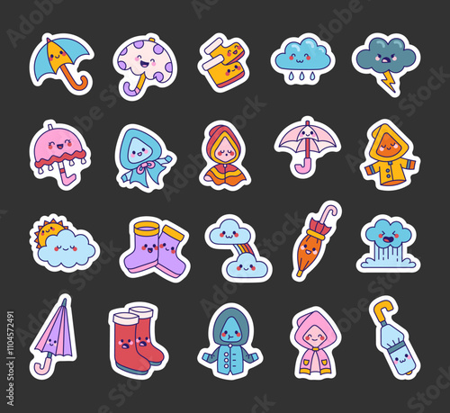 Set of cute rainy season collection with friendly kawaii weather characters including clouds, umbrellas, raincoats, rubber boots, and playful elements for joyful moments