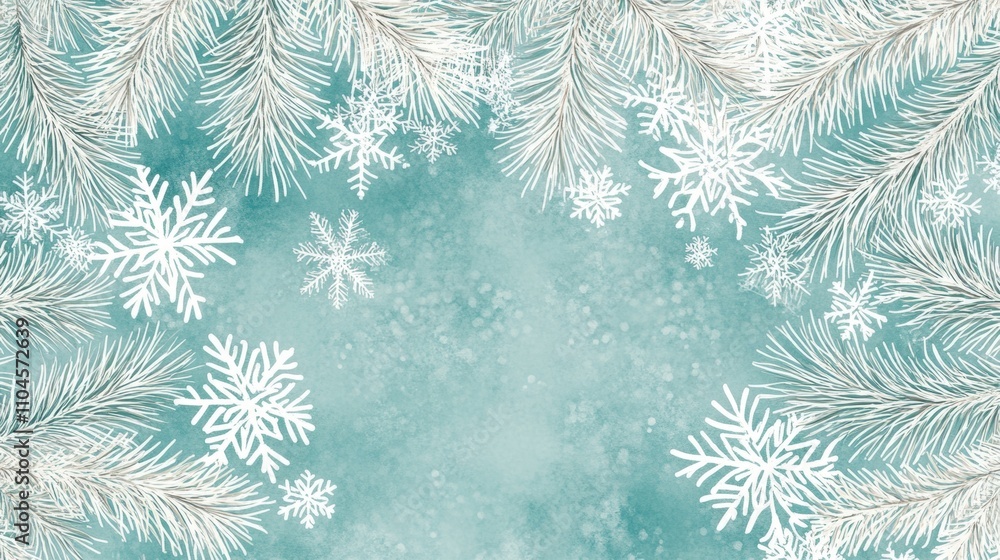 Beautiful winter background featuring delicate snowflakes and pine branches against a soft teal backdrop, perfect for holiday designs or seasonal projects. Beautiful winter background featuring delicate snowflakes and pine branches against a soft teal backdrop, perfect for holiday designs or seasonal projects.