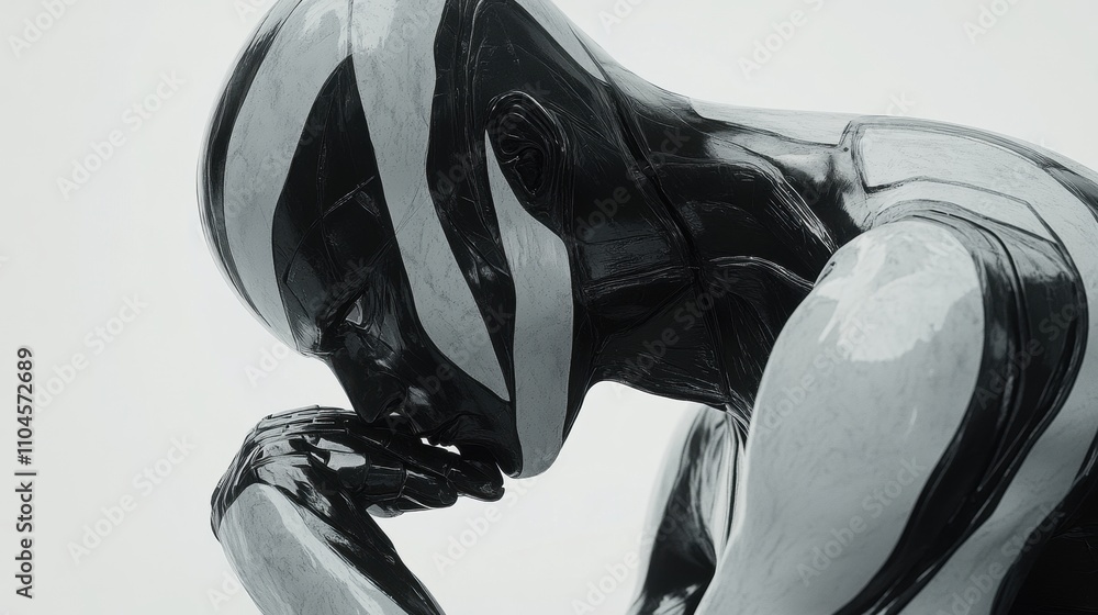 Thoughtful robotic figure with sleek black and white design, showcasing emotion and contemplation in a minimalist futuristic setting, symbolizing technology and humanity connection Thoughtful robotic figure with sleek black and white design, showcasing emotion and contemplation in a minimalist futuristic setting, symbolizing technology and humanity connection