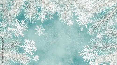 Beautiful winter background featuring delicate snowflakes and pine branches against a soft teal backdrop, perfect for holiday designs or seasonal projects.