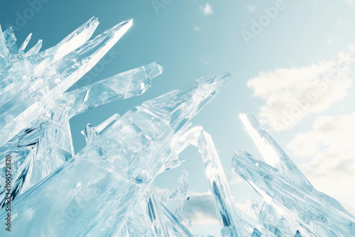 Fractured ice texture, jagged lines and crystal-clear surfaces with shimmering cold tones photo