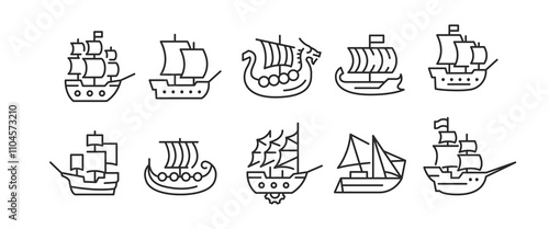Sailing ship icons. Set of 10 ship trendy minimal icons. Example: classic tall ship, trireme, frigate, brigantine. Ideal for use in maritime themes, historical travel content. Vector illustration