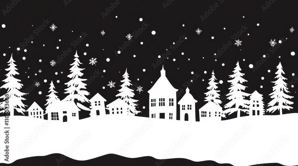 Naklejka premium Beautiful Winter Scene with Silhouetted Houses, Trees, and Snowflakes Against a Dark Background, Perfect for Holiday and Seasonal Designs