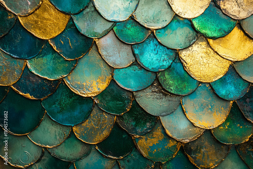 Wallpaper Mural Iridescent fish scale texture, overlapping patterns in green, blue, and gold with shimmering highlights Torontodigital.ca