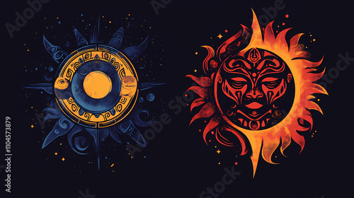 Tribalinspired sun and moon, cosmic colors, flat design, mystical motifs. Mystical. Illustration photo