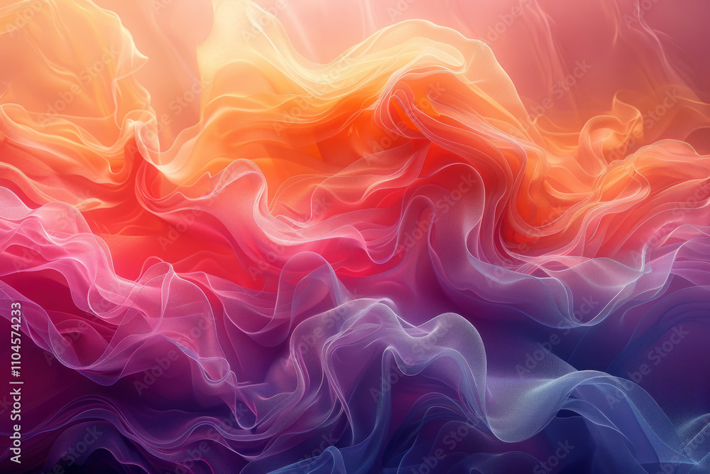 Obraz premium A graphic depiction of rippling fabric in a gradient from warm red-orange to cool lilac shades, creating the illusion of movement and depth.