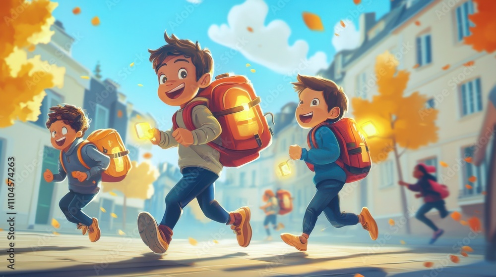 Naklejka premium Joyful Children Running with Backpacks in a Colorful Autumn Scene