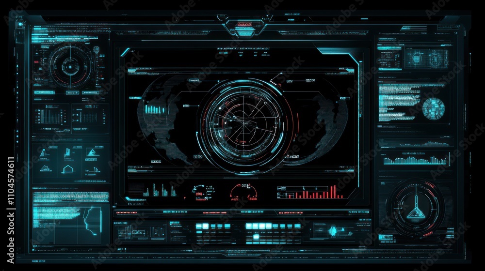 Fototapeta premium Futuristic digital interface displaying data analytics and navigation systems.