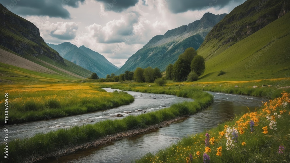 Serene river flowing through lush green mountains and vibrant wildflowers in a picturesque valley during cloudy afternoon Serene river flowing through lush green mountains and vibrant wildflowers in a picturesque valley during cloudy afternoon