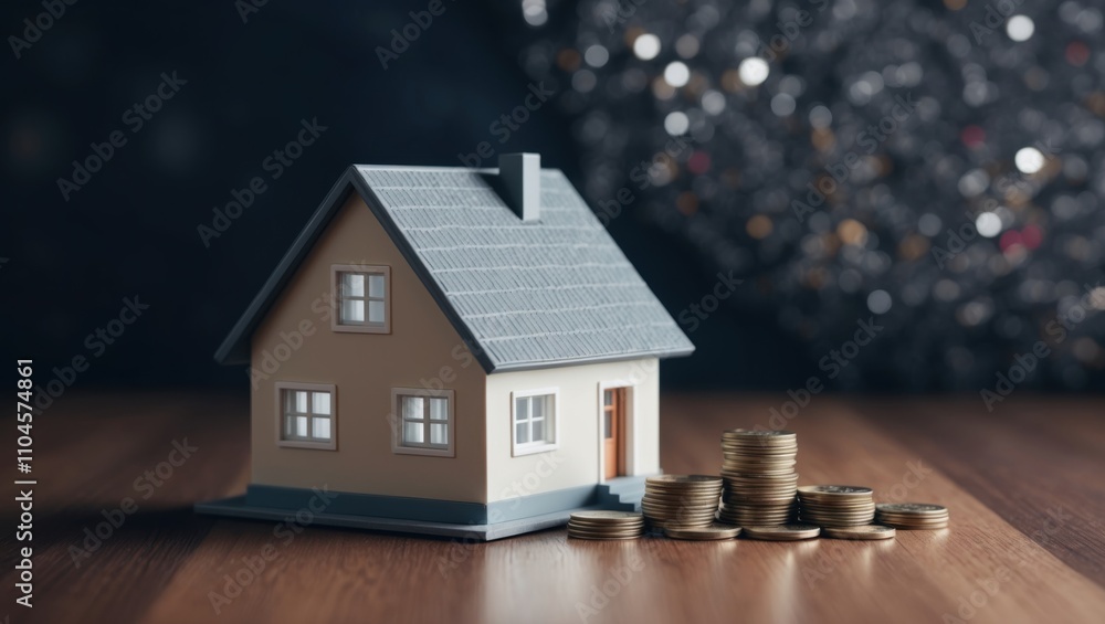 Model house surrounded by stacks of coins, symbolizing real estate investment and financial growth Model house surrounded by stacks of coins, symbolizing real estate investment and financial growth