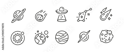 Space icons. Set of 10 space trendy minimal icons. Example: Planet, UFO, Moon, Comet icon. Design signs for web page, mobile app, packaging design. Vector illustration.