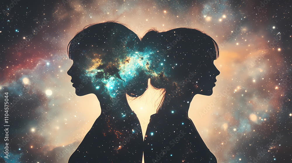 Artistic silhouette of two women back-to-back with a galaxy pattern overlay, symbolizing unity, duality, and cosmic connection. Mystical. Illustration Artistic silhouette of two women back-to-back with a galaxy pattern overlay, symbolizing unity, duality, and cosmic connection. Mystical. Illustration
