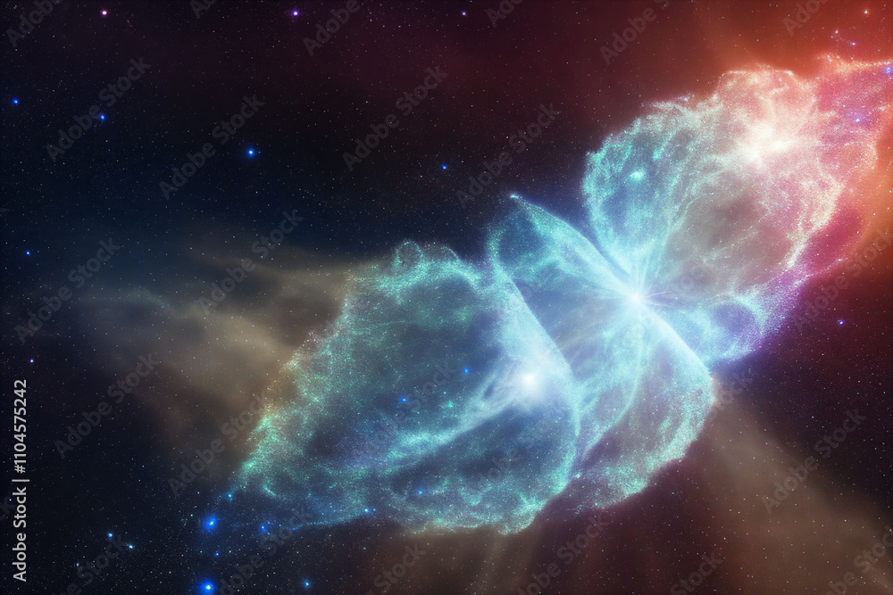 A colorful nebula with a blue and green butterfly shape A colorful nebula with a blue and green butterfly shape