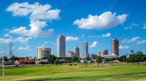 A vibrant city skyline under a blue sky with fluffy clouds, showcasing urban architecture and green spaces.