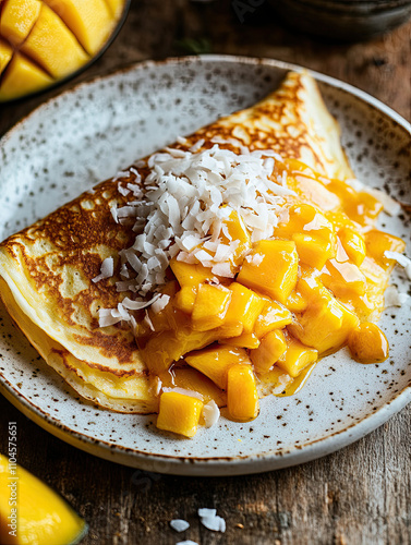 A crepe with mango and sticky rice topped with coconut milk, creating a delicious and exotic dessert experience