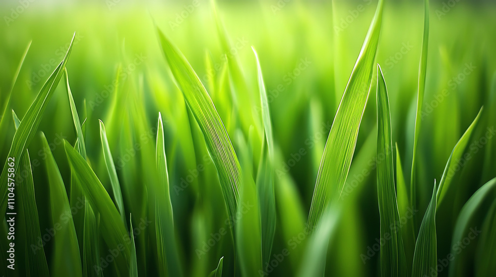 Obraz premium Fine blades of grass evenly spread across a vibrant green meadow under soft sunlight