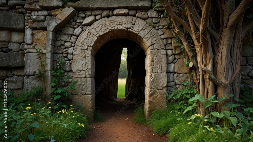 Stone archway in overgrown ruins leading to a path. Stone archway in overgrown ruins leading to a path.