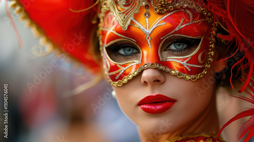 A vibrant young woman showcases her dazzling mask and festive attire at a lively carnival celebration.