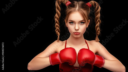 A young woman intensely trains in boxing, showcasing skill and strength while perfecting her technique. photo