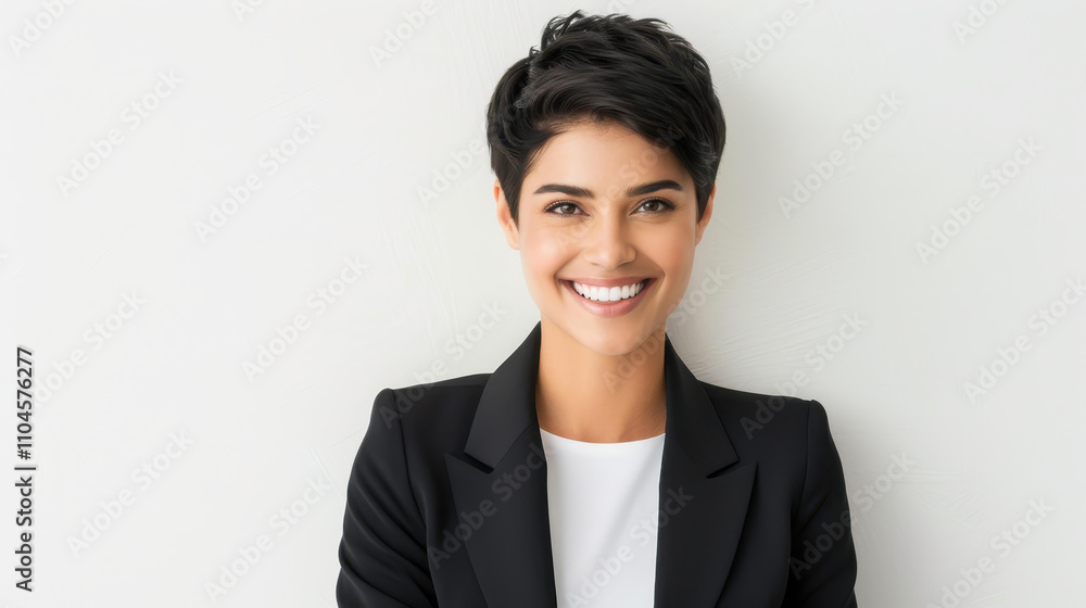 A confident woman in sleek business attire exudes professionalism against a clean white backdrop. A confident woman in sleek business attire exudes professionalism against a clean white backdrop.