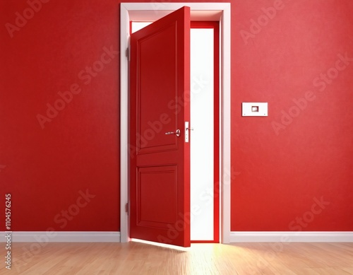 Open the door. Symbol of new career, opportunities, business ventures and initiative. Business concept. 3d render, white light inside open door isolated on blue background. Ai generated images