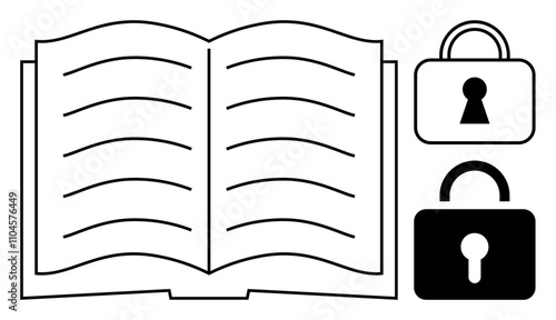 Open book with lines beside a locked and unlocked padlock, representing knowledge and security. Ideal for concepts of data privacy, encryption, access control, protection, cybersecurity, education