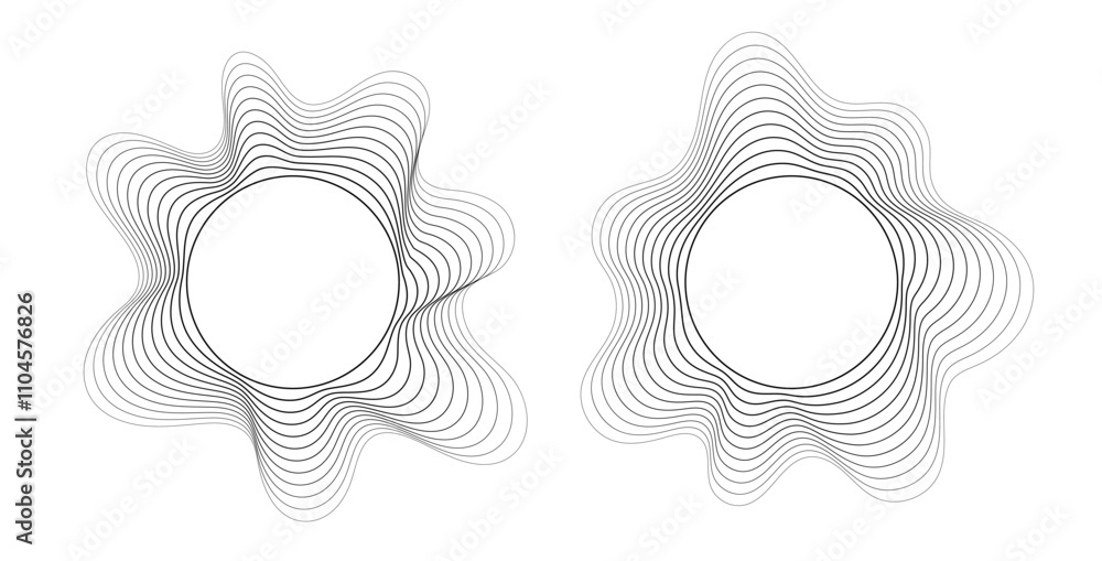 Round sound wave frames, circular lines pattern, radial curvy shapes, geometric concentric design. Vector illustration.