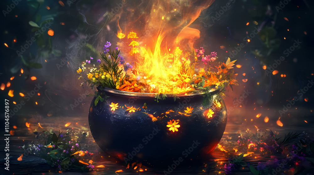 A mystical cauldron brimming with herbs and glowing embers, perfect for day of the dead (dia de los muertos) celebrations, adding enchantment to altars and rituals. Mystical. Illustration A mystical cauldron brimming with herbs and glowing embers, perfect for day of the dead (dia de los muertos) celebrations, adding enchantment to altars and rituals. Mystical. Illustration