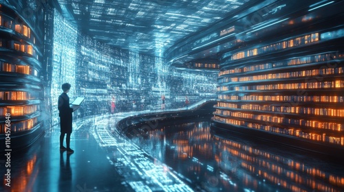 Wallpaper Mural Futuristic Library with Digital Data Projections and Human Figures Torontodigital.ca