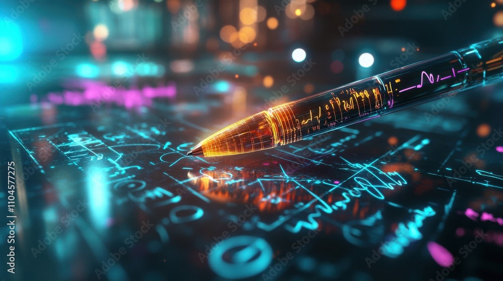 Golden Pen Laying on Abstract Futuristic Digital Blueprint Golden Pen Laying on Abstract Futuristic Digital Blueprint
